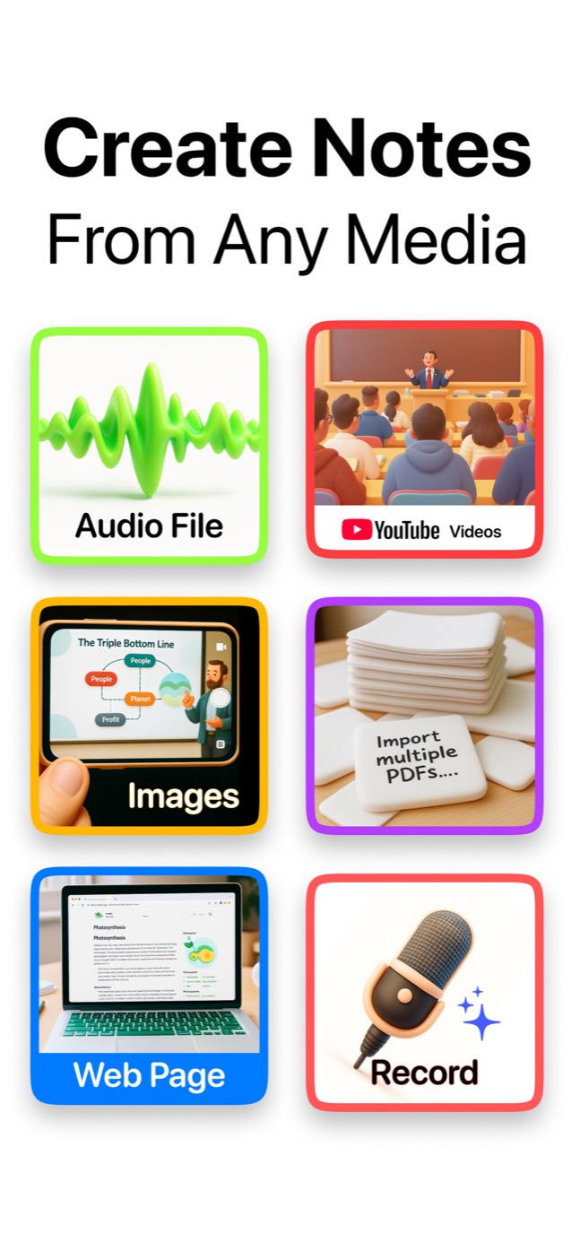 VoiceLog AI note taker importing audio, YouTube videos, images, PDFs and web pages