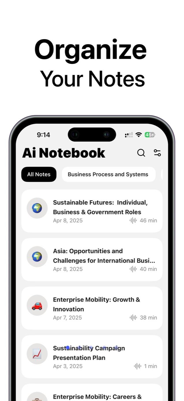 VoiceLog AI notebook with organized lecture and meeting notes